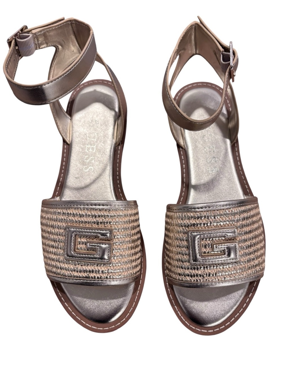 Guess Metallic Gold Woven Ankle-Strap Sandals with 'G' Accent